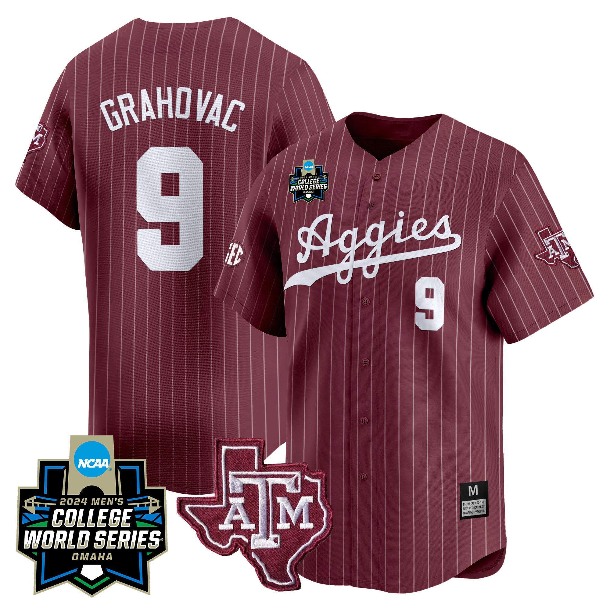 Men Texas A&M Aggies 9 Grahovac Red Stripe 2024 College World Series Vapor Premier Limited NCAA Jersey